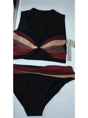 Robin Piccone Twist Knot Colorblock Bikini Set Black Burgundy NWT Size M